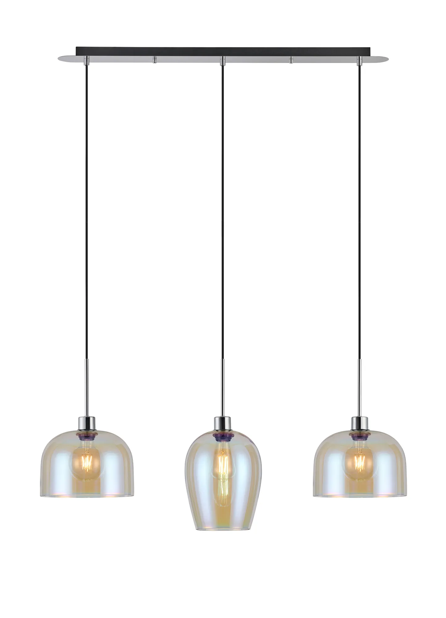 DK1312  Lori Linear Pendant, 3 Light Adjustable E27, Polished Chrome/Iridescent Wine Cloche Shades